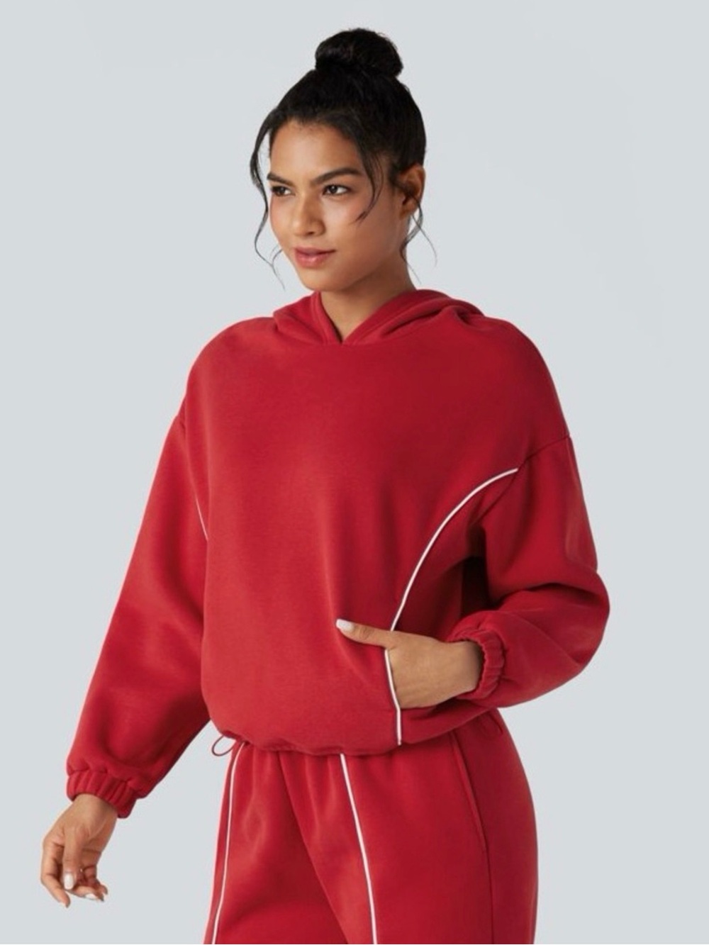 Halara Red Hooded Fleece Casual Sweatshirt With Pockets- MEDIUM